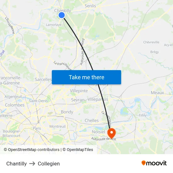 Chantilly to Collegien map