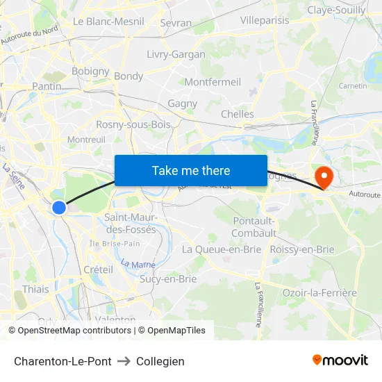 Charenton-Le-Pont to Collegien map