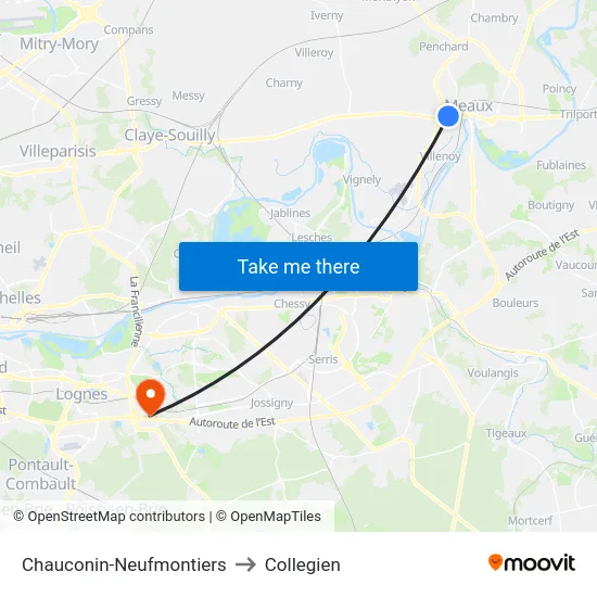 Chauconin-Neufmontiers to Collegien map