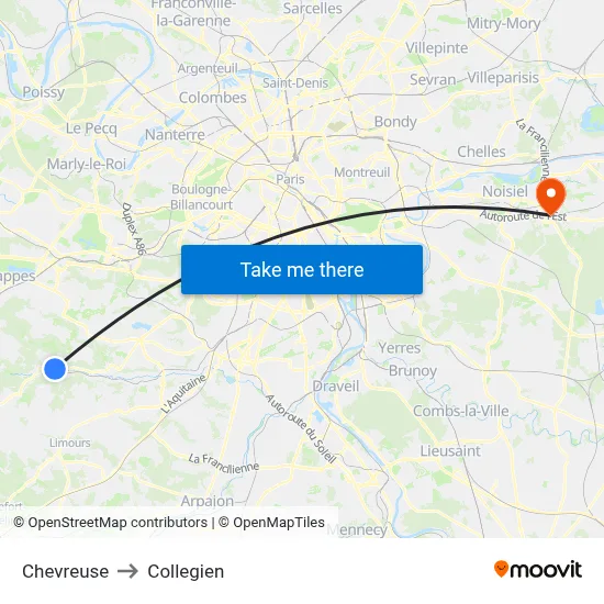 Chevreuse to Collegien map