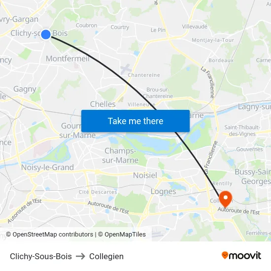 Clichy-Sous-Bois to Collegien map