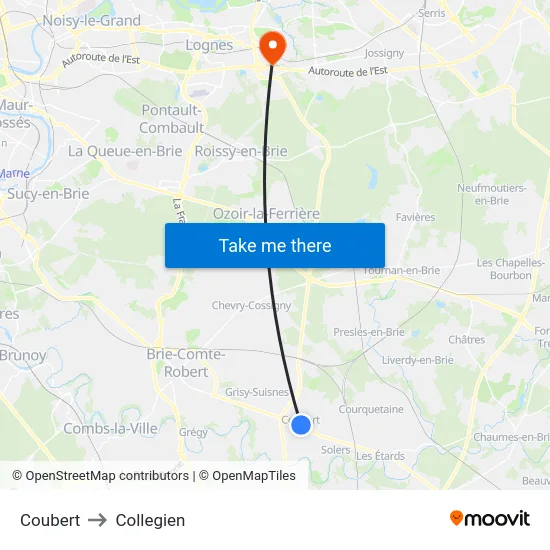 Coubert to Collegien map