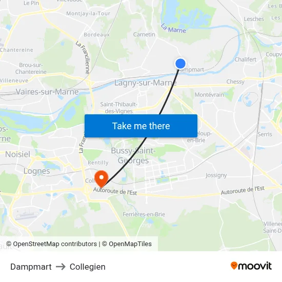 Dampmart to Collegien map
