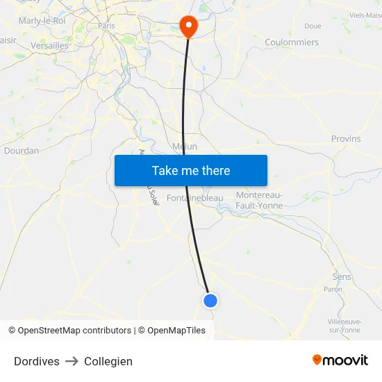 Dordives to Collegien map