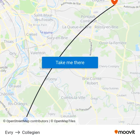 Evry to Collegien map