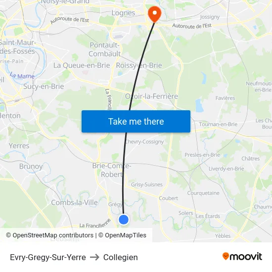 Evry-Gregy-Sur-Yerre to Collegien map