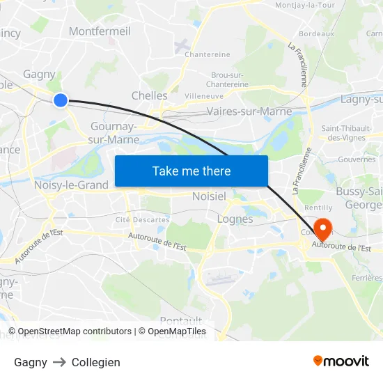 Gagny to Collegien map
