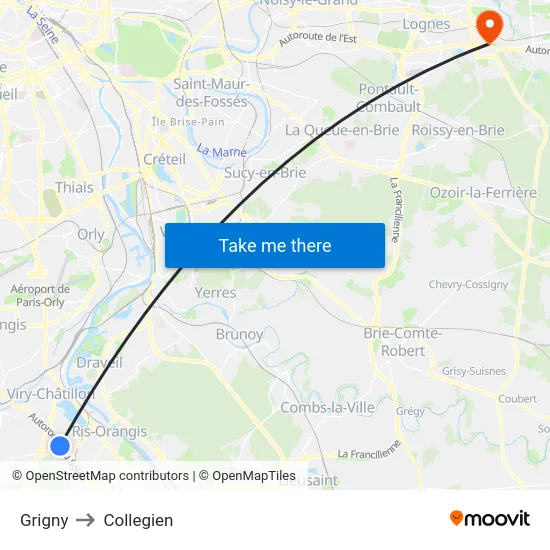 Grigny to Collegien map