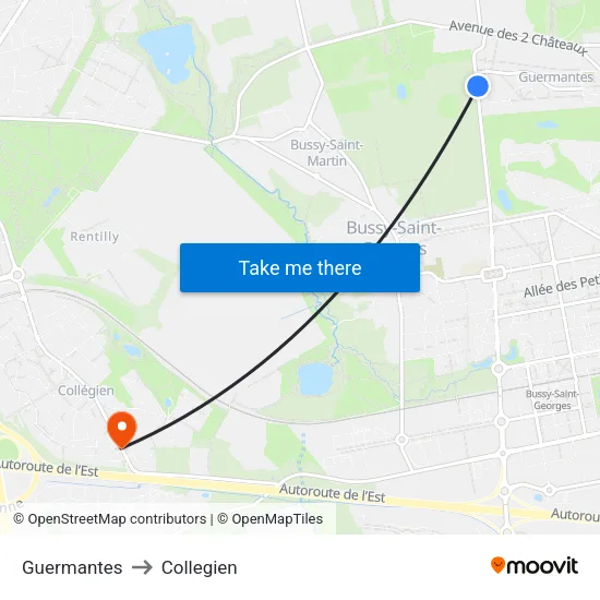 Guermantes to Collegien map