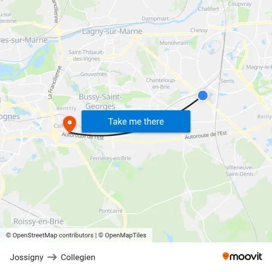 Jossigny to Collegien map