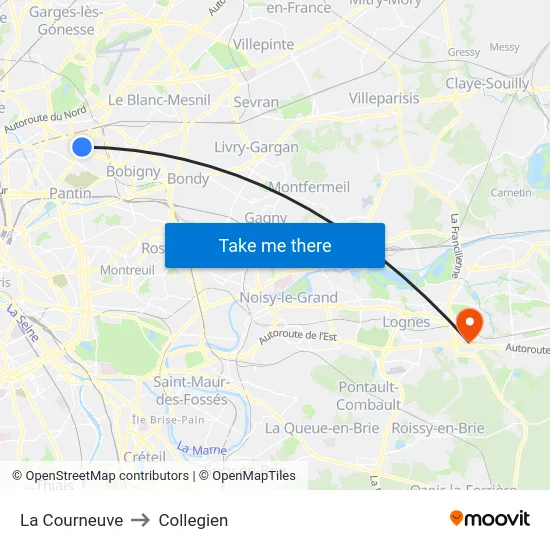 La Courneuve to Collegien map