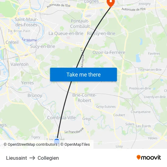 Lieusaint to Collegien map