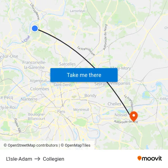 L'Isle-Adam to Collegien map