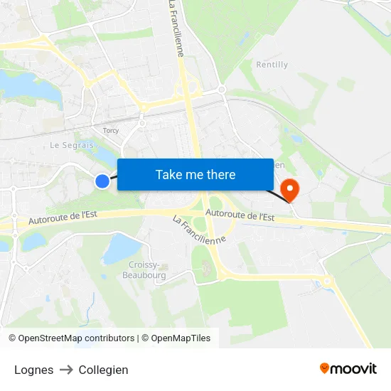 Lognes to Collegien map