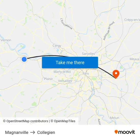 Magnanville to Collegien map