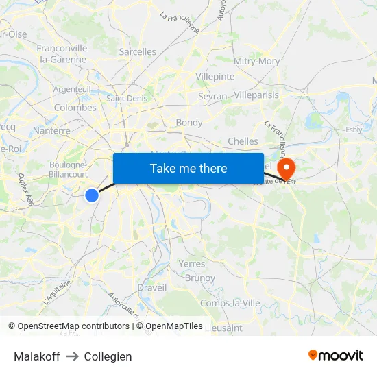 Malakoff to Collegien map