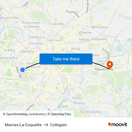 Marnes-La-Coquette to Collegien map