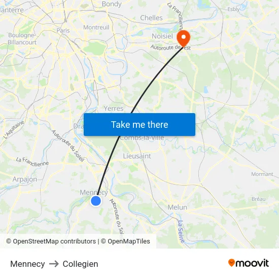 Mennecy to Collegien map