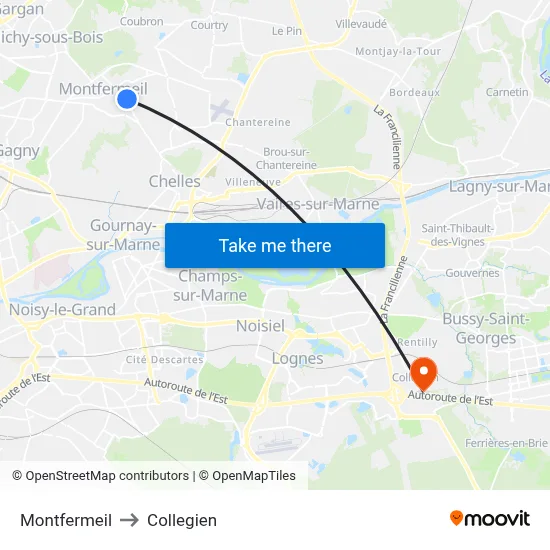 Montfermeil to Collegien map