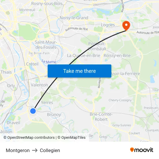Montgeron to Collegien map