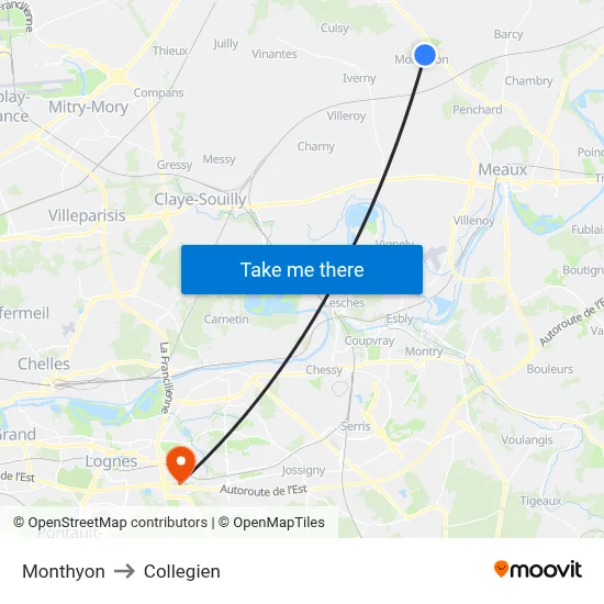 Monthyon to Collegien map