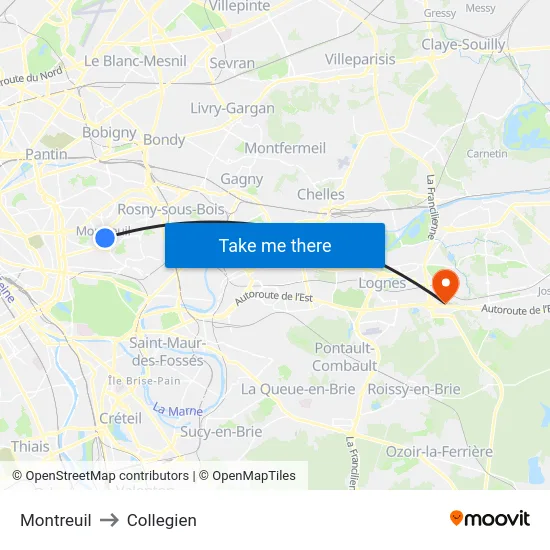 Montreuil to Collegien map
