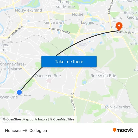 Noiseau to Collegien map