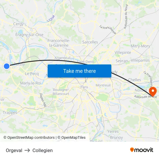 Orgeval to Collegien map