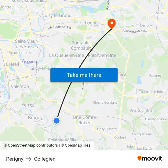 Perigny to Collegien map
