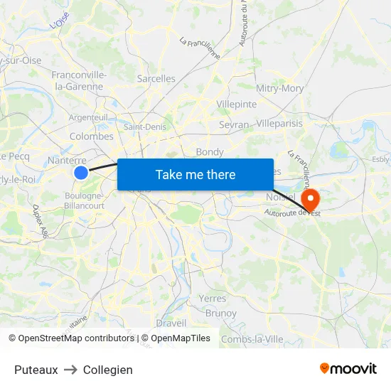 Puteaux to Collegien map