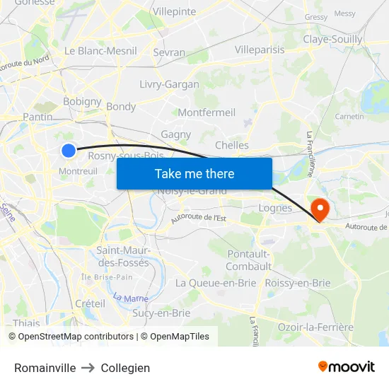 Romainville to Collegien map