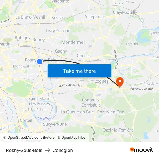 Rosny-Sous-Bois to Collegien map