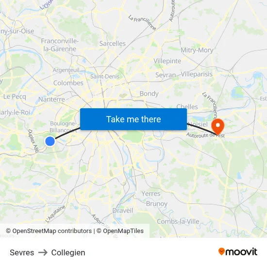 Sevres to Collegien map