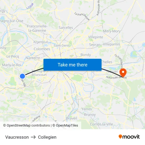 Vaucresson to Collegien map