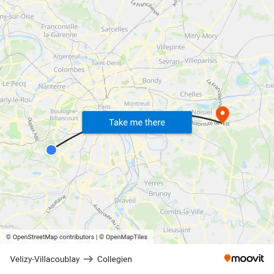 Velizy-Villacoublay to Collegien map