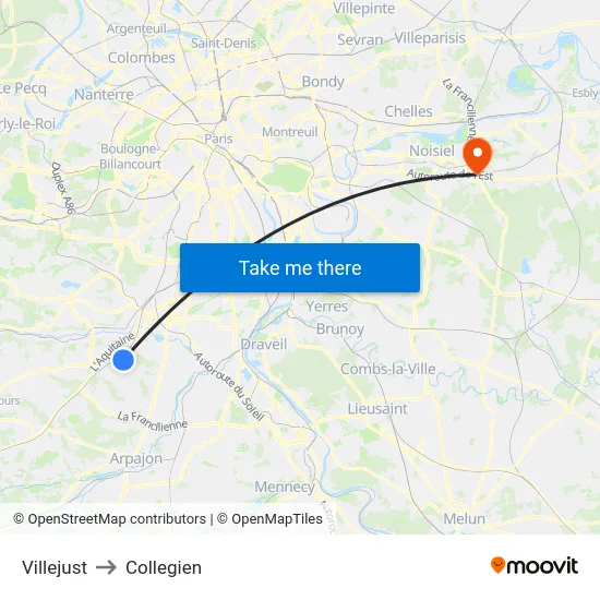Villejust to Collegien map