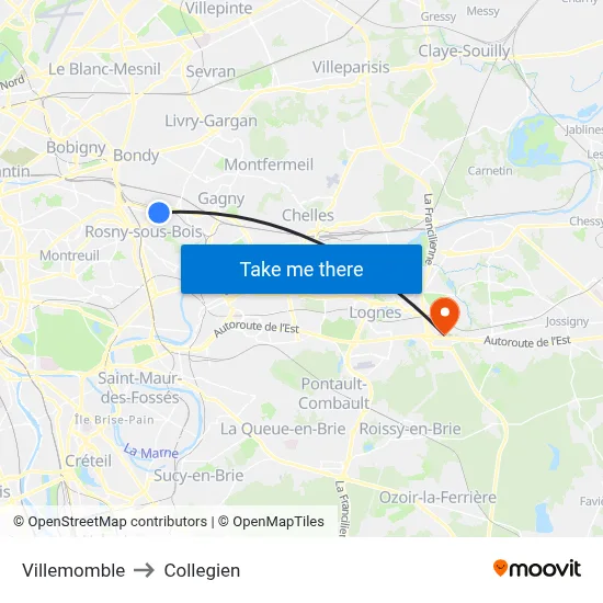 Villemomble to Collegien map