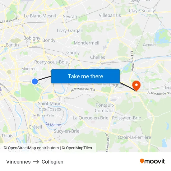 Vincennes to Collegien map