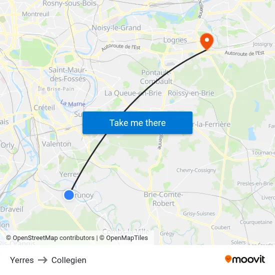 Yerres to Collegien map