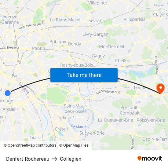Denfert-Rochereau to Collegien map