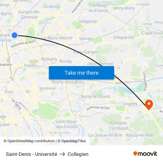 Saint-Denis - Université to Collegien map