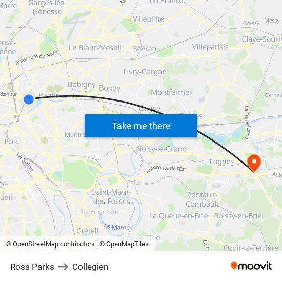 Rosa Parks to Collegien map