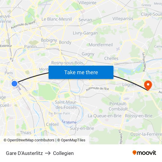 Gare D'Austerlitz to Collegien map