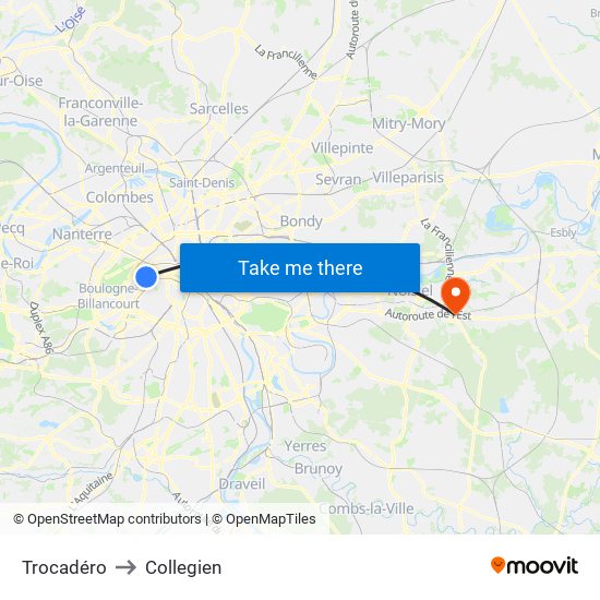 Trocadéro to Collegien map