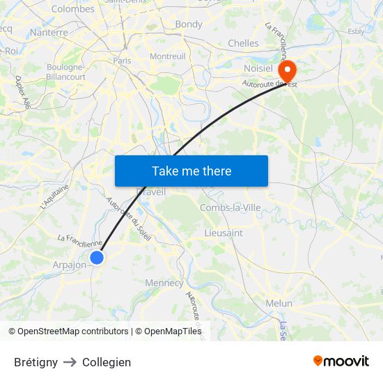 Brétigny to Collegien map