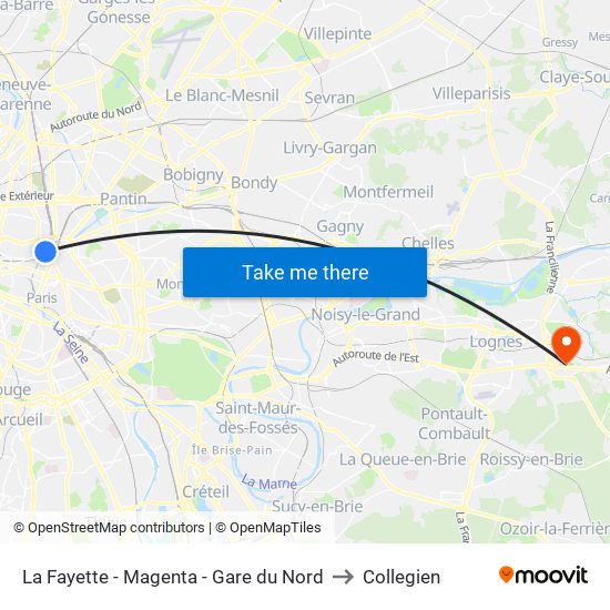 La Fayette - Magenta - Gare du Nord to Collegien map