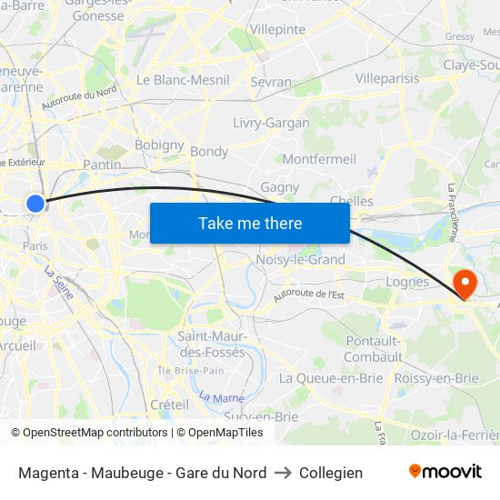 Magenta - Maubeuge - Gare du Nord to Collegien map