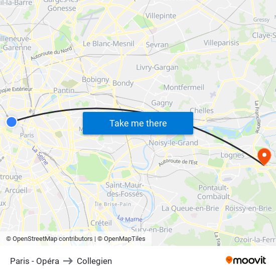 Paris - Opéra to Collegien map