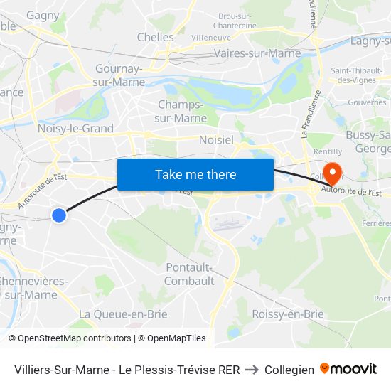 Villiers-Sur-Marne - Le Plessis-Trévise RER to Collegien map