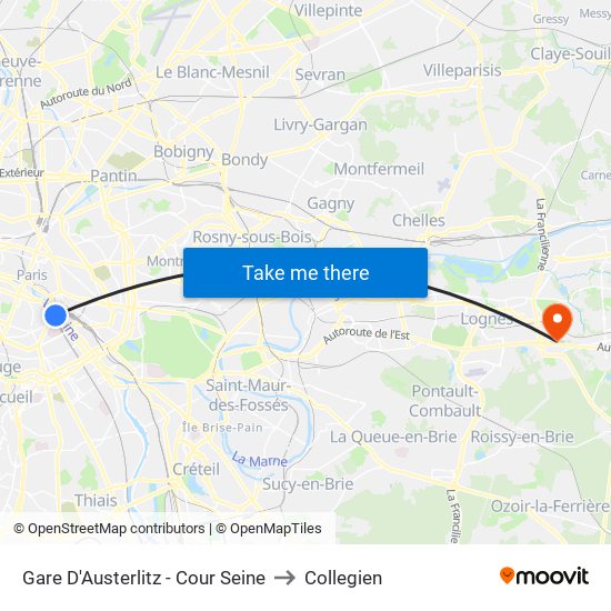 Gare D'Austerlitz - Cour Seine to Collegien map